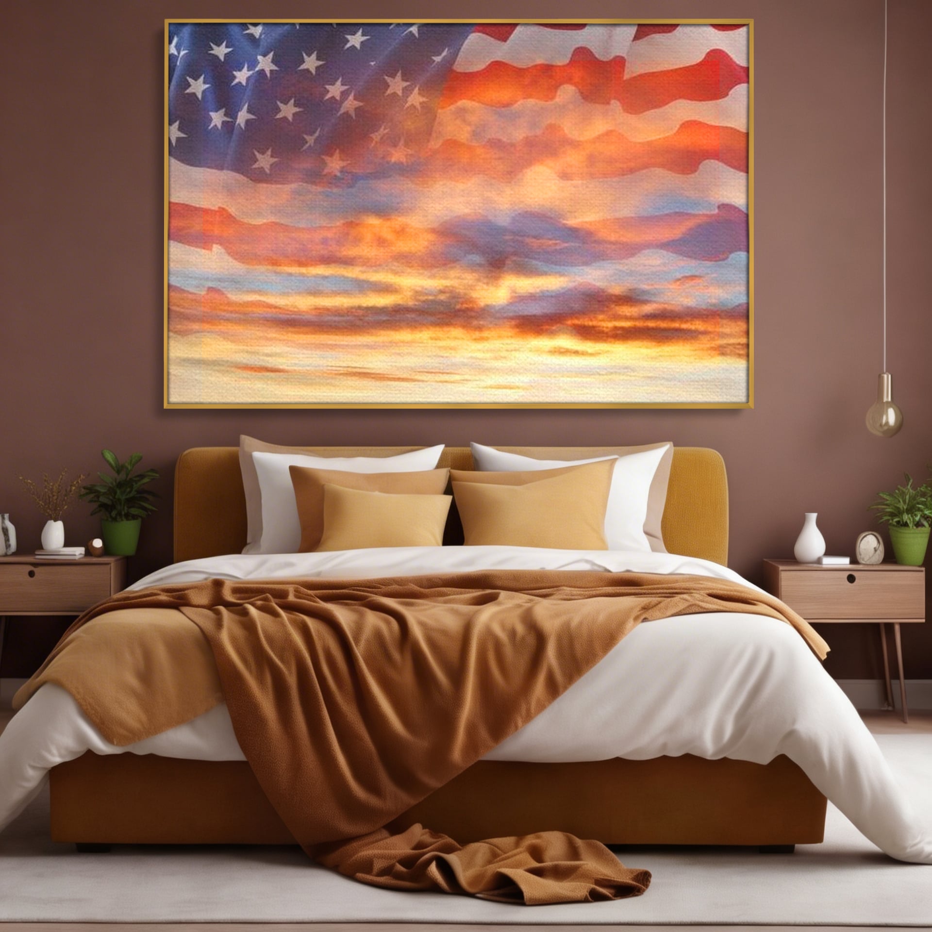 Tablou canvas cu tablou canvas cu steagul american si apus, in rama de aluminiu auriu, pe perete intr-un dormitor